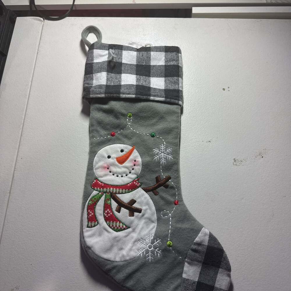 Gray Plaid Snowman Christmas Stocking Holiday Decor